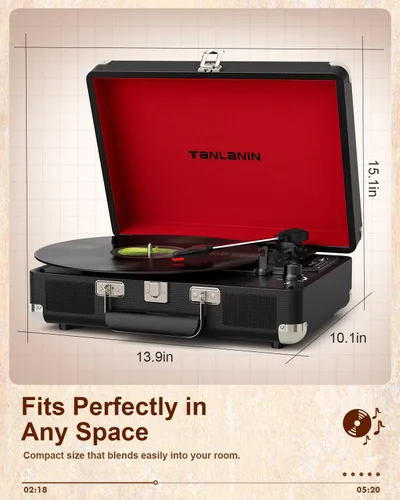 Vista 10 de TANALNIN - Tocadiscos de vinilo, tocadiscos portátil de maleta con Bluetooth de 3 velocidades con altavoces integrados, grabación USB, salida RCA