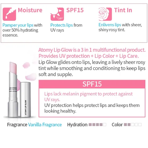 Vista 3 de Atomy Lip Glow 0.12 oz x 2 EA - Bálsamo hidratante para el cuidado de los labios con color rosa natural