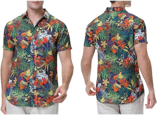 Vista 2 de Novedad Camisa con Estampado Floral Blusa Hombres Solapa Botón Abajo Camiseta Jersey Manga Corta Frente abierto