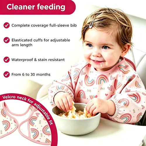 Vista 6 de SPINFOX Paquete de 2 batas de bebé para comer, babero a prueba de desorden, baberos impermeables para bebés de 6 a 24 meses