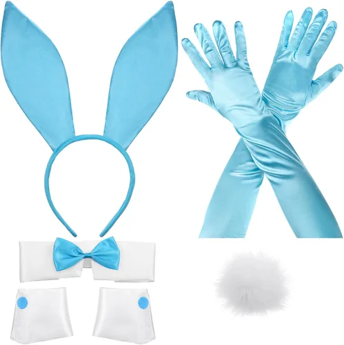 Vista 15 de Zhanmai Juego de accesorios de disfraz de conejo de Halloween para mujer Diadema de orejas de conejo rojo rosa, puños, cola y guantes, accesorio