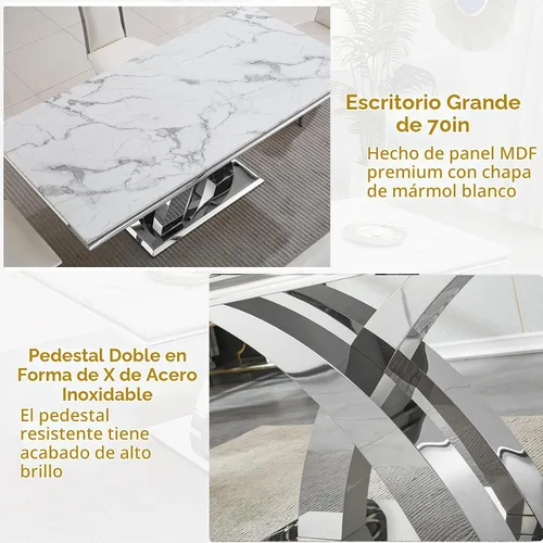 Vista 4 de Henf Mesa de comedor de mármol sintético de 68 pulgadas para 4-6 personas, mesa rectangular moderna con parte superior de mármol blanco y base