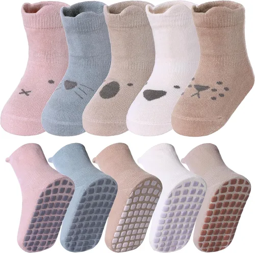 Vista 12 de Yebing Calcetines para bebés y niños pequeños, calcetines antideslizantes con agarres, calcetines de algodón para regalos