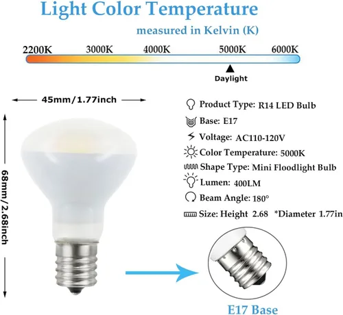 Vista 2 de 2-Pack E17 R14 LED Bulb, 4W Daylight 120V E17 Intermediate Base Mini Reflector Floodlight Light Bulb, Non dimmable