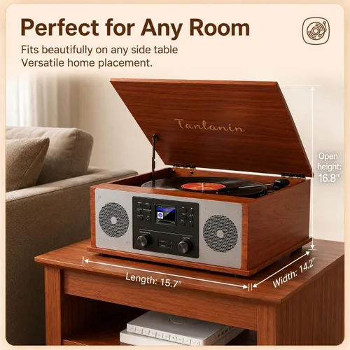 Vista 10 de Reproductor de discos multimedia 10 en 1 con altavoces, reproductor de CD, receptor Bluetooth, radio por Internet, grabación USB, tocadiscos de 3