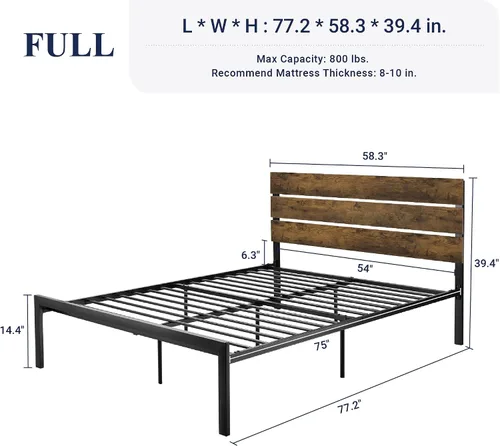 Vista 2 de Allewie Base de cama de plataforma de tamaño matrimonial con cabecero de madera y listones de metal, base de colchón de estilo rústico rústico