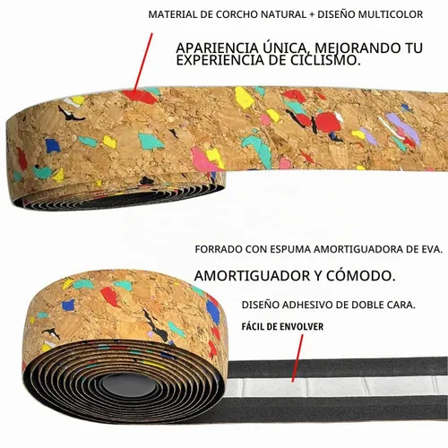 Vista 6 de Cinta de corcho para manillar de bicicleta de carretera, 2 rollos, antideslizante, absorción de impactos, cinta de agarre con tapones de barra