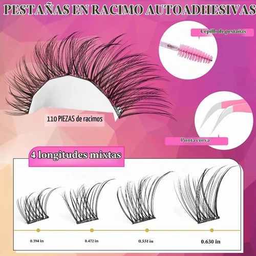 Vista 2 de Kit de extensiones de pestañas autoadhesivas en racimo, pestañas para colocar uno mismo, pestañas pre-pegadas, sin necesidad de pegamento, pestañas