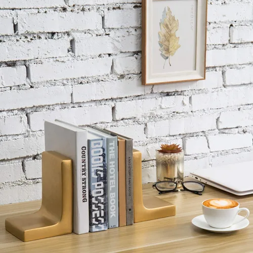 Vista 2 de MyGift Sujetalibros modernos de hormigón dorado para libros pesados y libros de texto, soporte para libros de escritorio, 1 par