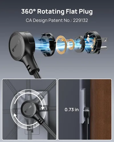 Vista 3 de TROND - Regleta de alimentación con enchufe plano giratorio de 360°, cable de extensión de 3 pies con 4 puertos USB, 4 tomas de CA ampliamente