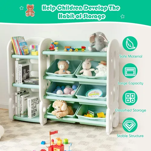 Vista 5 de Costzon Organizador de almacenamiento de juguetes, estante de juguetes de 4 niveles con 6 contenedores de plástico extraíbles para libros