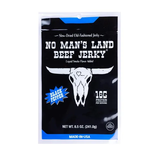 Vista 11 de No Mans Land Beef Jerky - Pimienta negra Tiras de carne seca secadas lentamente, ahumadas y sazonadas Bocadillo de carne de res alto