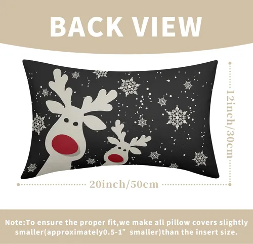 Vista 3 de Juego de 2 fundas de almohada lumbar de Navidad negras de 12 x 20 pulgadas, diseño rústico de copos de nieve de ciervos de Navidad, almohadas