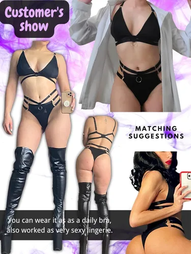 Vista 4 de KaeiShi Nailon opaco con tiras bralette tanga de cintura alta lencería de 2 piezas