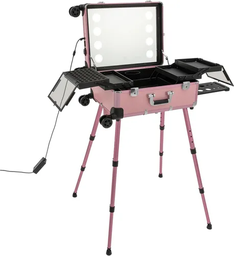 Vista 8 de Estuche de maquillaje con ruedas para cosméticos con 8 luces LED, 110.23 libras de altura ajustable, estuche de tren de maquillaje de 12 V, estuche