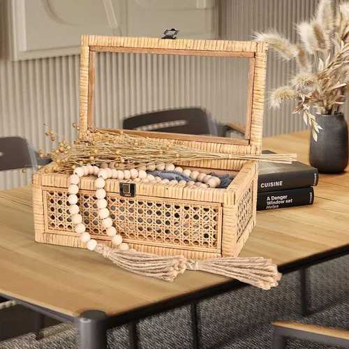 Vista 4 de HUAXIN CRAFT H Caja decorativa de ratán con tapa, rectangular tejida con vidrio para exhibición, juego de 2 mimbre para decoración