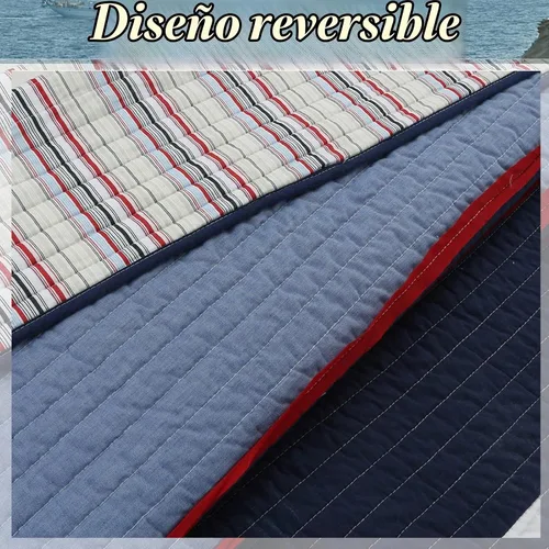 Vista 4 de Cozy Line Home Fashions - Juego de ropa de cama acolchada reversible de 100% algodón, con rayas azul marino y rojo, para niño, colcha, colcha