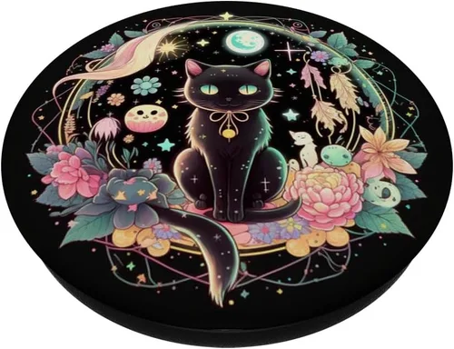 Vista 2 de Moon Phases Crystal Witchy Lindo Gato Negro Kawaii Pastel Goth PopSockets Estándar PopGrip