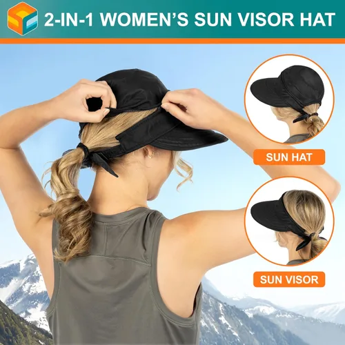 Vista 41 de SUN CUBE Sombrero de sol para mujer para protección UV al aire libre, sombrero de sol de ala ancha, cola de caballo, sombrero de playa convertible
