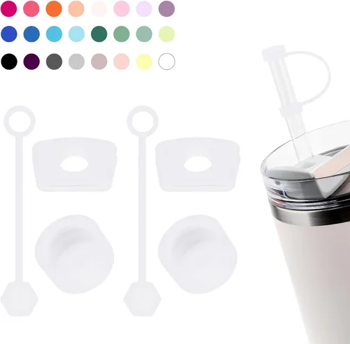 Vista 11 de Juego de tapones antiderrame de silicona compatible con taza Stanley Cup 2.0 de 30oz y 40oz con cubierta para pajita (Juego de 2, Rosa Almendra)