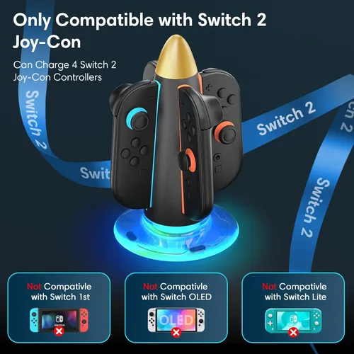Vista 4 de Saitake Charging Dock for Nintendo Switch 2 Joy Con,Supports Dual-Side Charging,9 Light Modes Magnetic Controller Fast Charger Stand Station