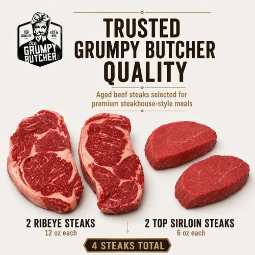 Vista 6 de Caja de regalo de 4 filetes Grumpy Butcher – 2 filetes de entrecot (12 oz) y 2 filetes de solomillo superior (6 oz) – Sampler de carne Angus