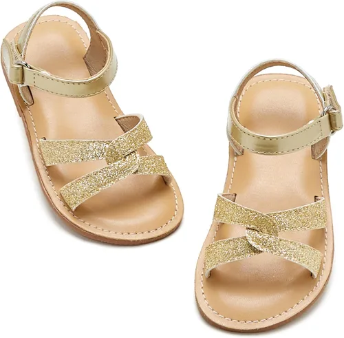 Vista 33 de Sandalias de verano para niñas con puntera abierta, sandalias planas de princesa con suela cómoda D742 Oro