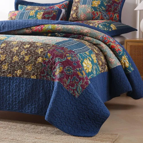 Vista 4 de VISIMISI - Juego de colcha de algodón, juego de cubrecama reversible de retazos, 3 piezas, diseño vintage floral de mosaico azul, tamaño queen