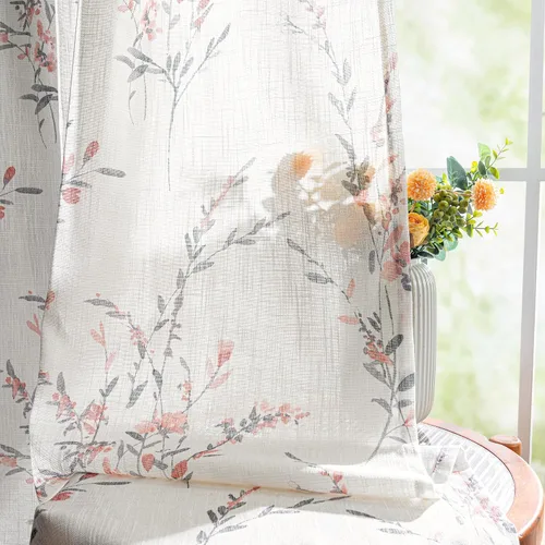 Vista 6 de MYSKY HOME Cortinas de lino transparentes de 45 pulgadas de largo para dormitorio, cocina, paneles de cortina florales, cortinas semicirverticales