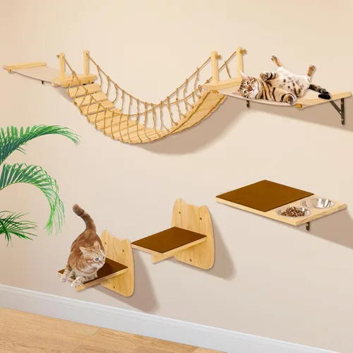 Vista 4 de Calmbee Estantes de Pared para Gatos, Muebles de Pared para Gatos Puente para Gatos de 70" Montaje en Pared Percha para Gatos Hamaca de Madera Árbol