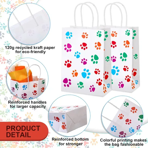 Vista 6 de Clabby 24 bolsas de regalo de papel con diseño de pata de perro, bolsa de papel con asas, recuerdos de fiesta de cachorros para gatos y mascotas