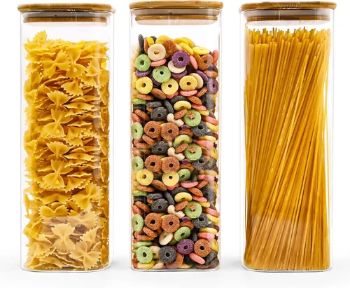 Vista 23 de SHOWIN Tarros de almacenamiento de pasta de vidrio de 73 onzas, tarros altos de vidrio con tapas de bambú, contenedor de espagueti, juego de 3
