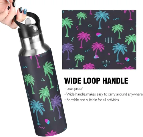 Vista 4 de Tropical Palm Trees - Botella de agua de acero inoxidable con aislamiento de neón con pajilla, 32 onzas, sin BPA, botella de agua deportiva a prueba