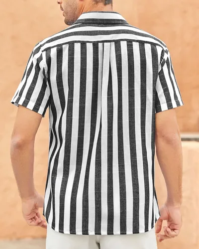 Vista 3 de Camisas de lino de algodón a rayas para hombre, camisas de manga corta con botones, camisa casual de verano para la playa
