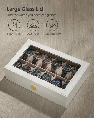 Vista 5 de SONGMICS Caja de reloj, caja de reloj de 12 ranuras con tapa de vidrio grande, almohadas extraíbles para reloj, organizador de caja de reloj, regalo