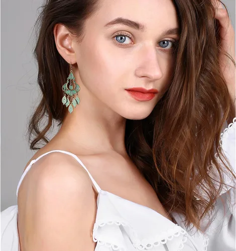 Vista 4 de Pendientes colgantes únicos de estilo bohemio vintage con diseño de lágrima de bronce para mujer
