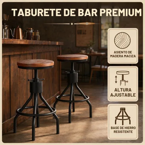 Vista 10 de Juego de 2 taburetes de bar industriales, taburete giratorio de altura ajustable con asiento de madera maciza, silla de bar con marco de hierro