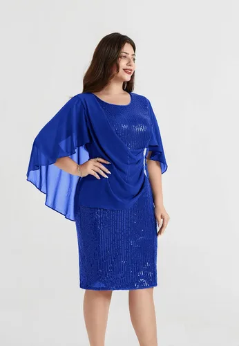 Vista 7 de Hanna Nikole Vestido de fiesta de lentejuelas para mujer, talla grande, de gasa, manga de capa, vestido midi de cóctel 2024