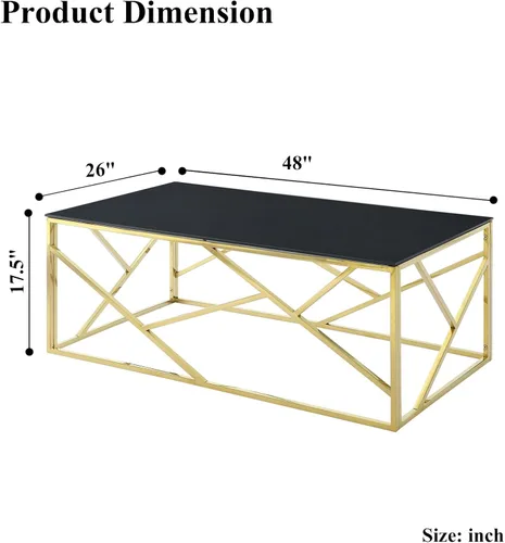 Vista 2 de SSLine Mesa de centro de cristal negro con patas de acero inoxidable doradas, mesa de centro rectangular de lujo para sala de estar, moderna
