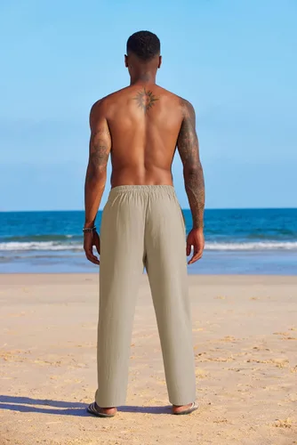 Vista 4 de COOFANDY Pantalones de lino de verano para hombre, ligeros, casuales, con cintura elástica, con cordón