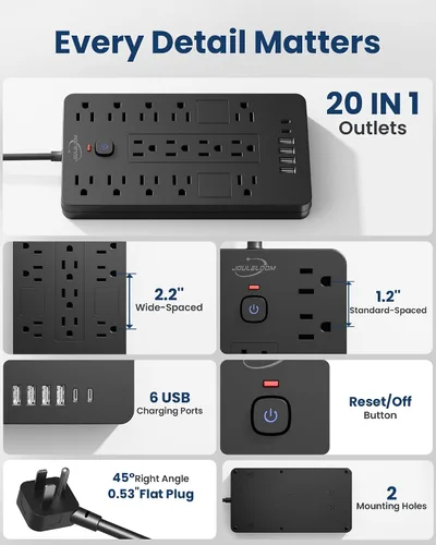 Vista 7 de JouleLoom Regleta protectora de sobretensiones, 14 tomas de corriente y 6 puertos USB, cable de extensión de enchufe plano de 6 pies, 1850 julios