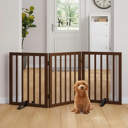 Vista 10 de Semiocthome Puertas de bambú para perros para interiores, puertas independientes de 2 paneles para cachorros para la casa con 2 soportes de metal