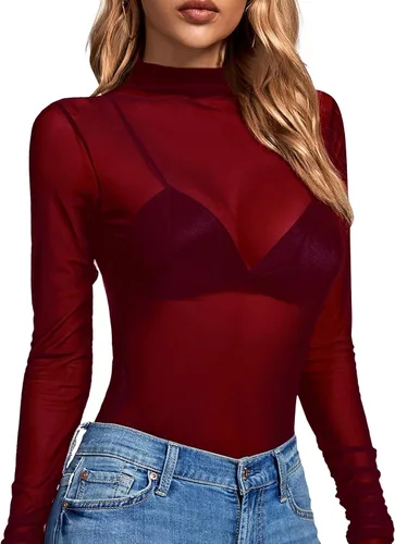 Vista 4 de Rooscier Blusa sexy de malla transparente para mujer, cuello alto falso, manga larga, ajustada