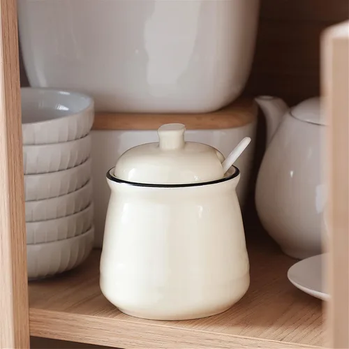 Vista 4 de Tazón de sal de porcelana con tapa y cuchara, azucarero de cerámica de 12 onzas (beige)