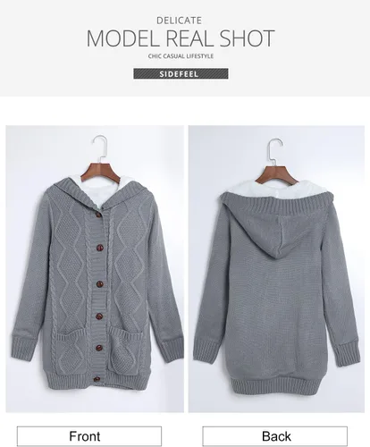 Vista 7 de Sidefeel - Suéter con forro polar con capucha para mujer, abrigo de invierno con botones