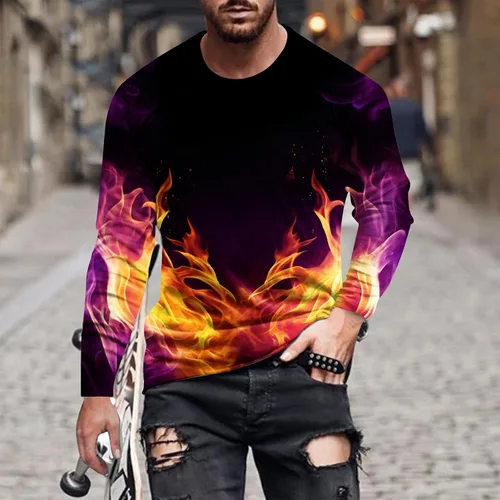 Vista 2 de Flame Graphic T-Shirt Tees Mens Long Sleeve Workout Tops Slim Fit Lightweight Round-Neck Pullover Tunic Hip Hop Tee