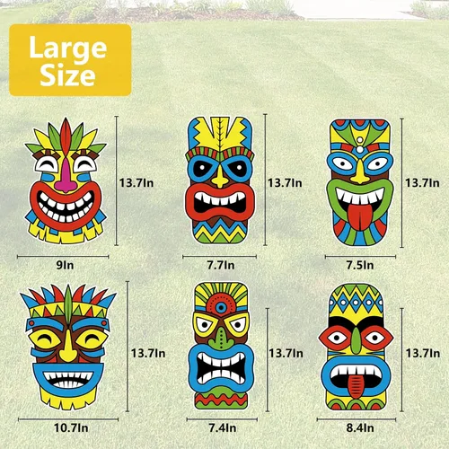 Vista 2 de Letreros grandes de Luau Tiki para patio, 6 piezas con estacas para exteriores, césped, playa, arena, decoraciones de fiesta de verano con temática
