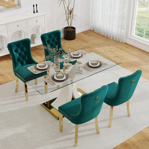 Vista 19 de Juego de comedor moderno de vidrio de lujo de 5 piezas, juego de cena rectangular minimalista grande para 4, juego de mesa de cocina de vidrio