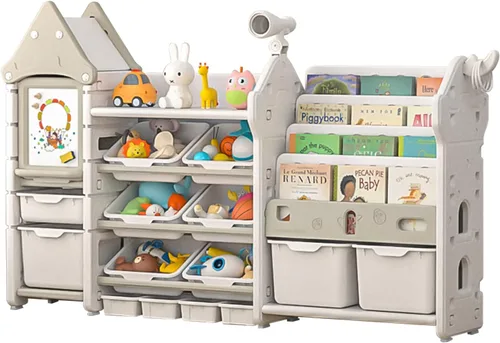 Vista 10 de UNICOO Organizador de almacenamiento de juguetes para niños con estantería, organizador de sala de juegos de 14 cubos y estantería, estante de Marrón