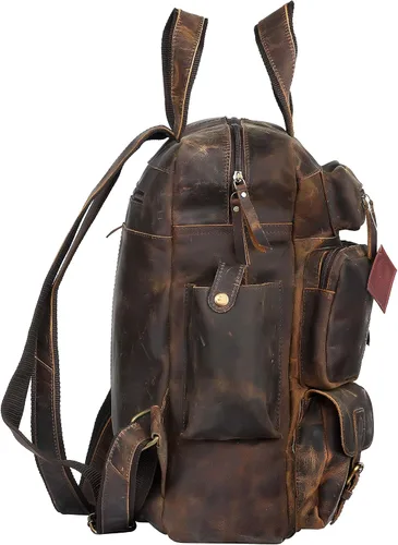 Vista 3 de Mochila vintage de cuero de búfalo con múltiples bolsillos para hombres y mujeres